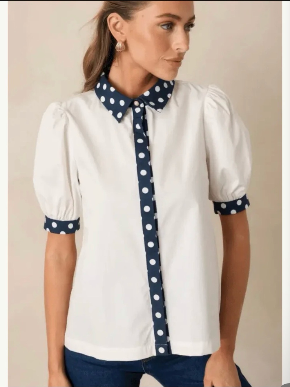Prosperina - Penny Button Front Top Ivory/Navy Dot Large New With Tag